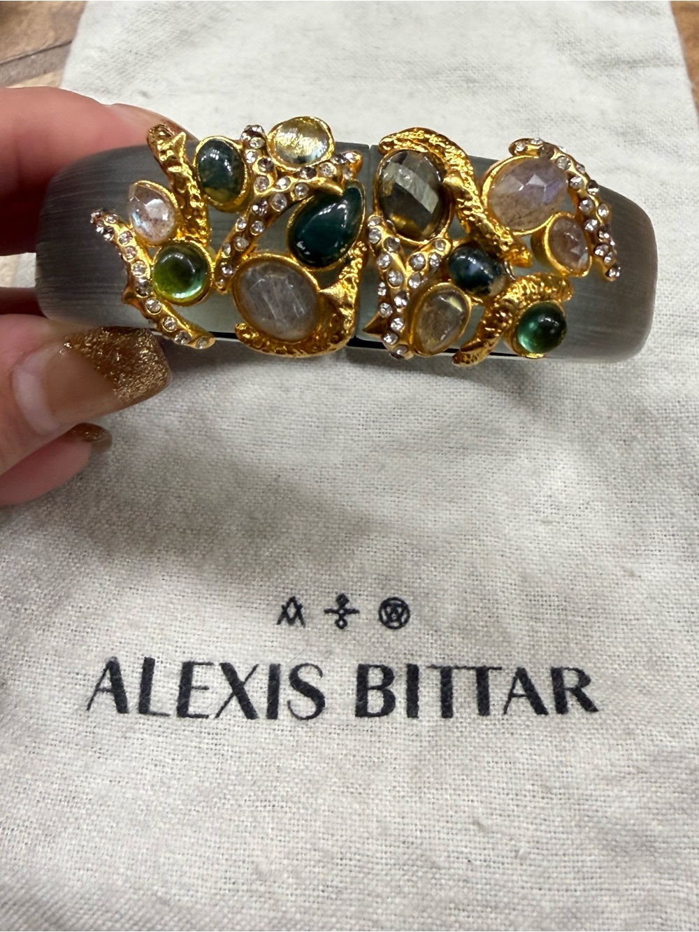 Alexis Bittar Gray Brushed Resin Hinged Cuff with Gold Accents. Dust bag incl.